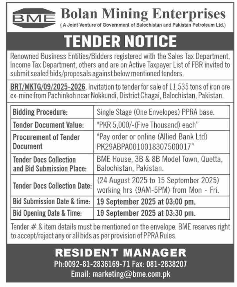 Bolan Mining Enterprises Tender Notice